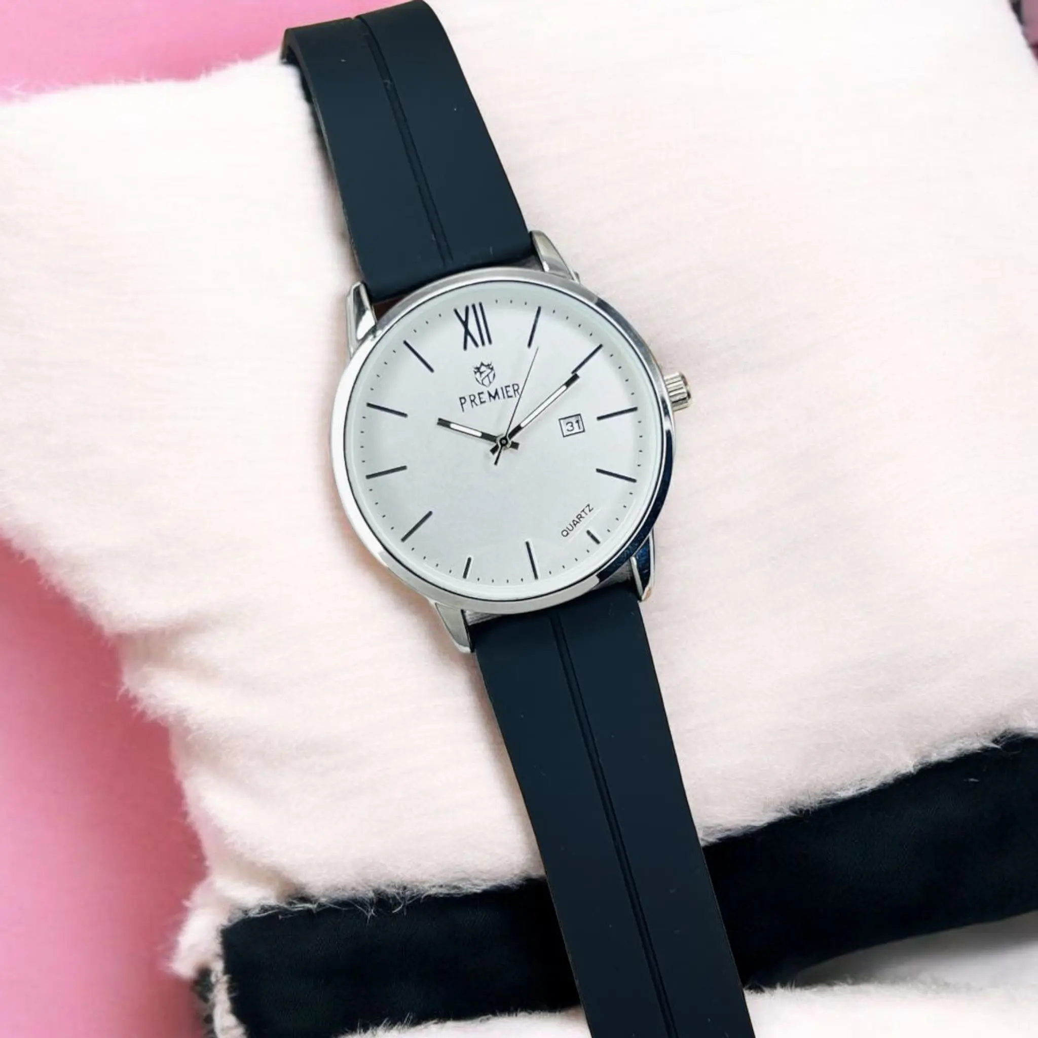 Elegant Silver Dial Watch with Black Strap - Image 2